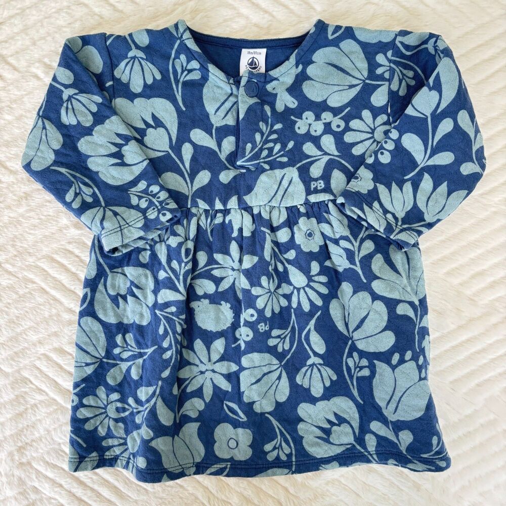Petit Bateau Girls 18M 81cm Blue Floral Long Sleeve Cotton Knit Dress Soft